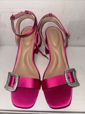 Kelly & Katie Satin Fuchsia Ankle-Strap Heels with Crystal Buckles